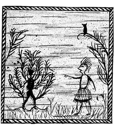 Keluwoskap turns a man into a cedar tree by scraping on birchbark