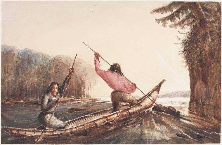 Mi'kmaq poling up a  rapid, Oromocto Lake  by Levinge, Sir Richard George Augustus 1811-1884 National Library and Archives Canada  MIKAN 2838369