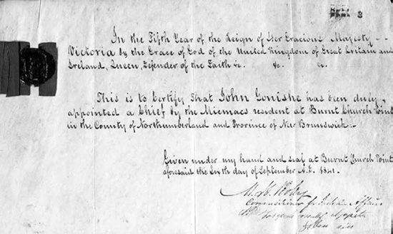 Certificate of appointment of John Gonishe as Chief, by Mi’kmaq residents at Burnt Church Point